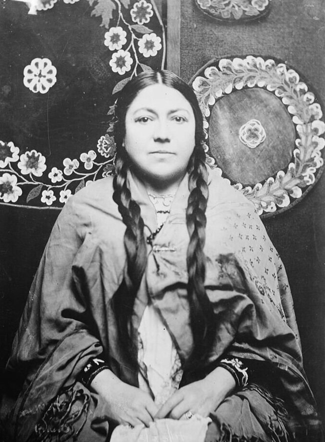 Black and white photo of Marie Louise Bottineau Baldwin looking into the camera LOC