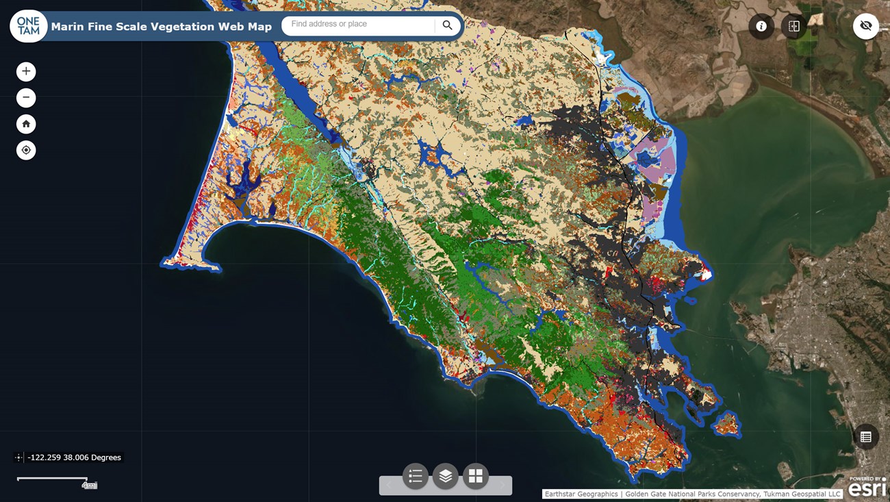 Screenshot of Marin Fine Scale Vegetation Map web interface. Various navigation and informational tools are layered over a brightly colored map of Marin County.
