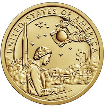 Gold-colored coin, woman at a table facing right, a slide rule beside her. She is writing. Over her shoulder a rocket launches. Math equations are written in the smoke. Above are several stars and an astronaut. Text: “UNITED STATES OF AMERICA.”