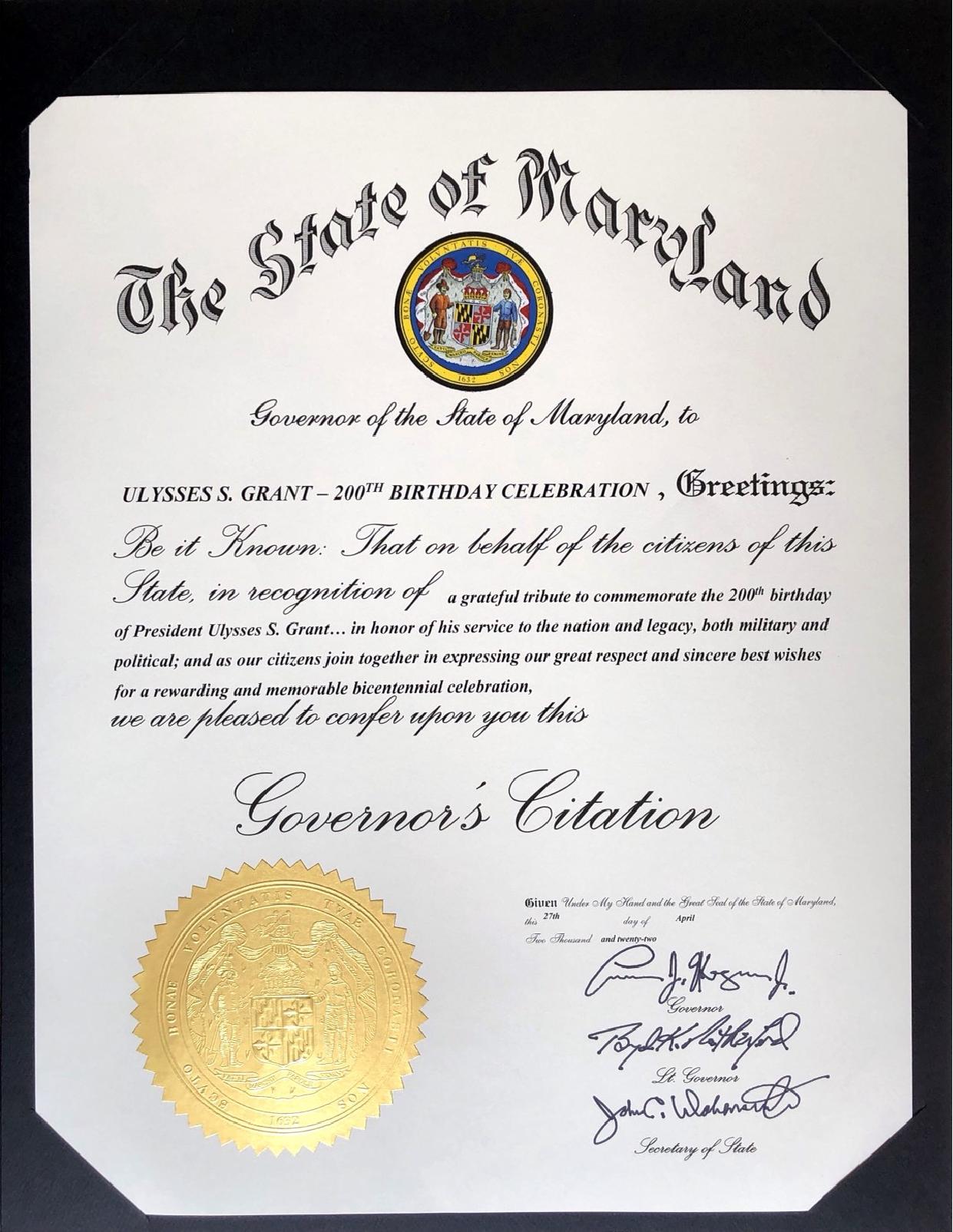 Paper showing Maryland's message celebrating Grant's 200th Birthday