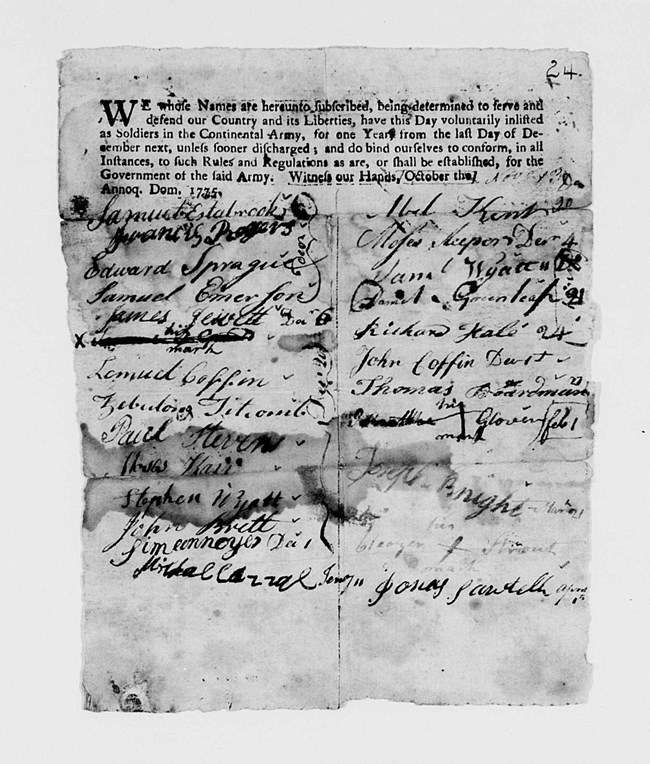 Moses Sleeper is in right column, second name Printed enlistment paper with 25 signatures
