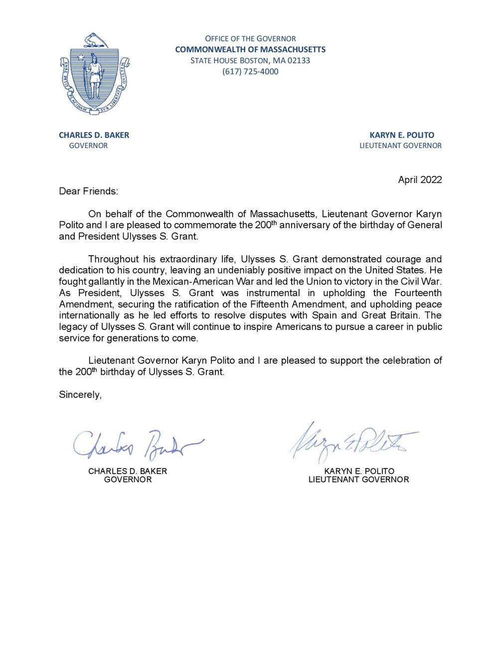 Grant 200th Message from Massachusetts Message on Paper with Massachusetts state seal in upper left and signatures of Governor and lieutenant governor on bottom