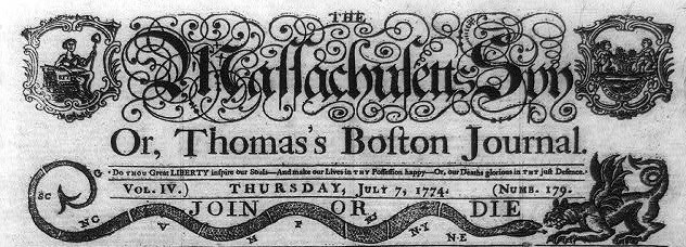 Newspaper heading for the Massachusetts Spy in 1774 with the snake join or die underneath it.