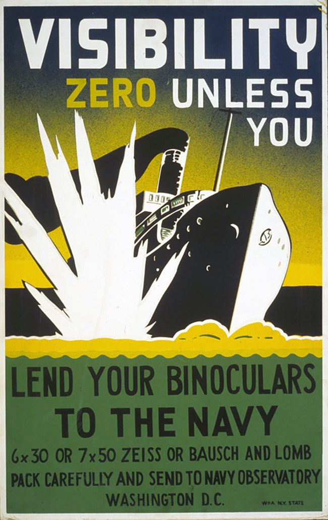 Silkscreened poster in black, white, yellow, and green showing an explosion next to a ship.