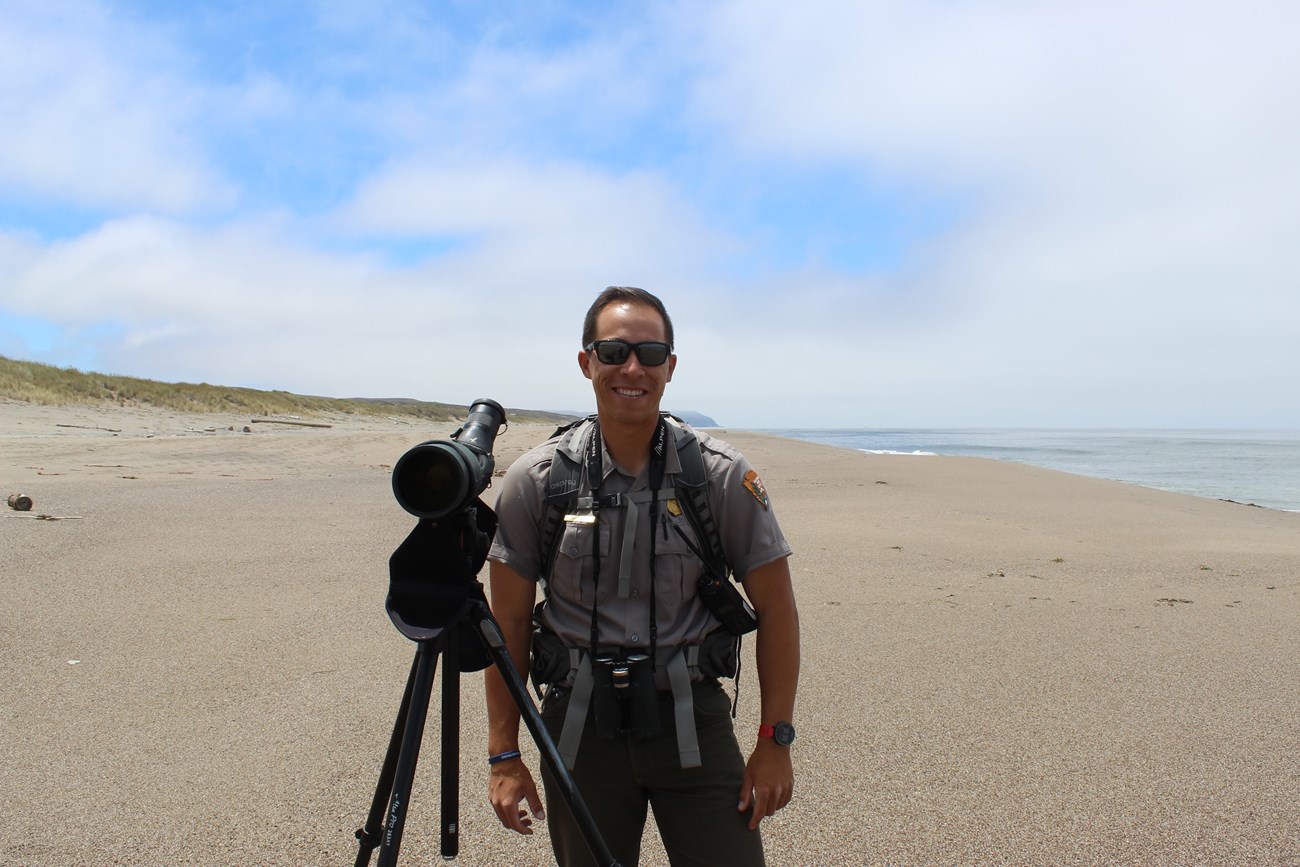 Matt Lau surveying for nesting snowy plovers at North Beach in Point Reyes National Seashore. Photo Credit