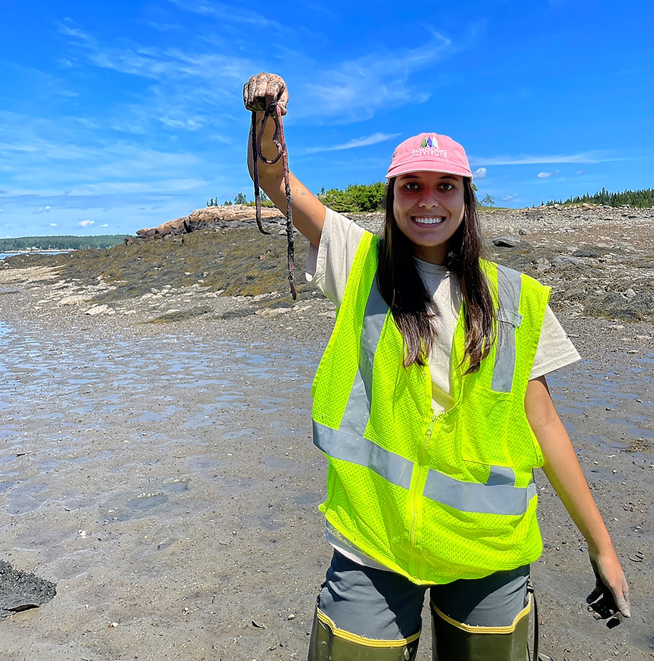 Woman with hip waders and safety vest holds up a long worm while standing on a beach with marine worm