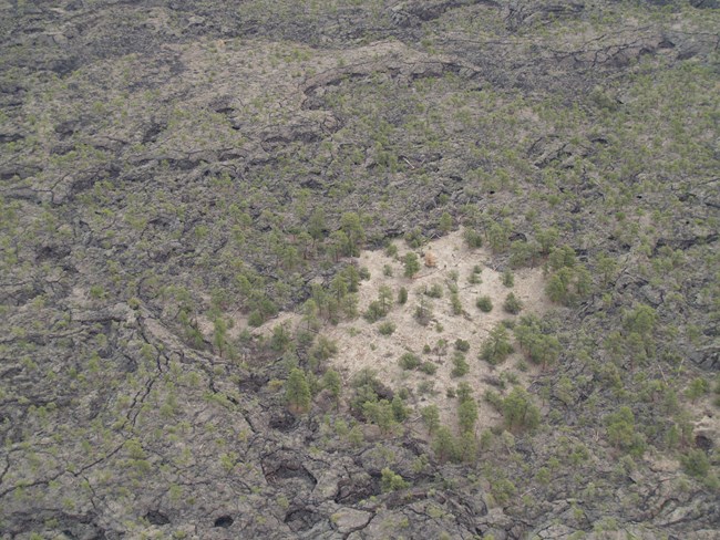 aerial photo of ground surface with lava rock surrounding a lighter colored surface
