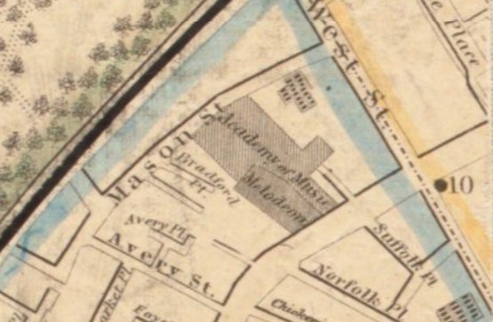 map snippet of Washington and West Street in Boston, featuring academy of Music and Melodeon Hall buildings