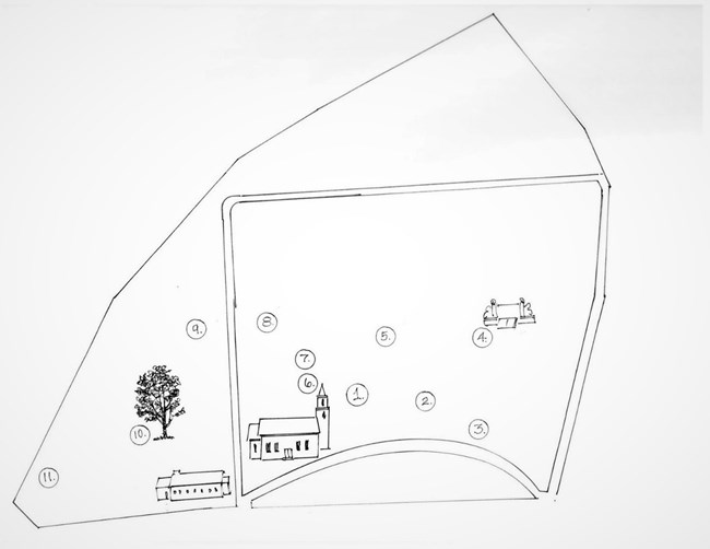Map of cemetery with numbers and drawings of buildings
