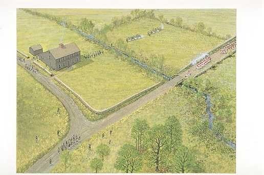 A historical illustration of a bird's eye view of the Meriam's Corner area.