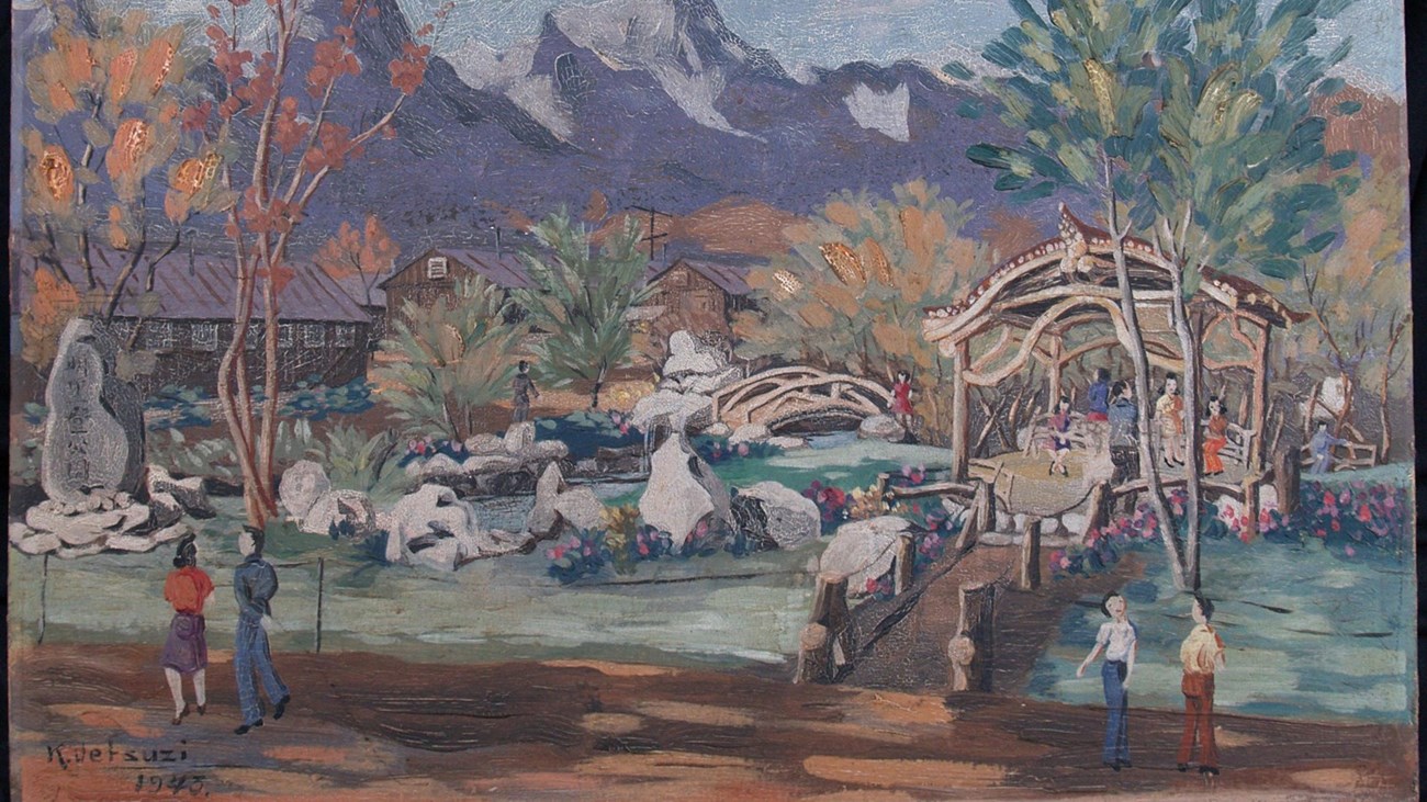 Merritt Park by K.Uetsuzi, 1943 Oil painting of Japanese stroll garden with people sitting in wooden pagoda, bridge over water and stone features