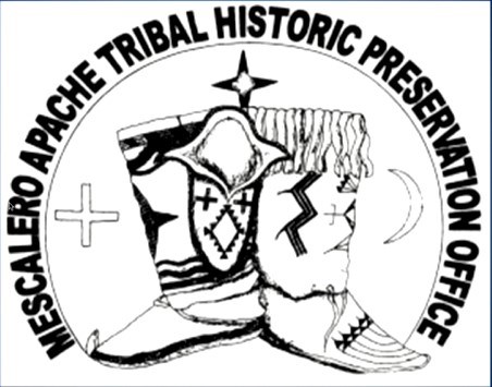 Mescalero Apache Tribal Historic Preservation Office Drawing of three types of moccasins with a cross to the left, a star to the top, and a moon to the right.