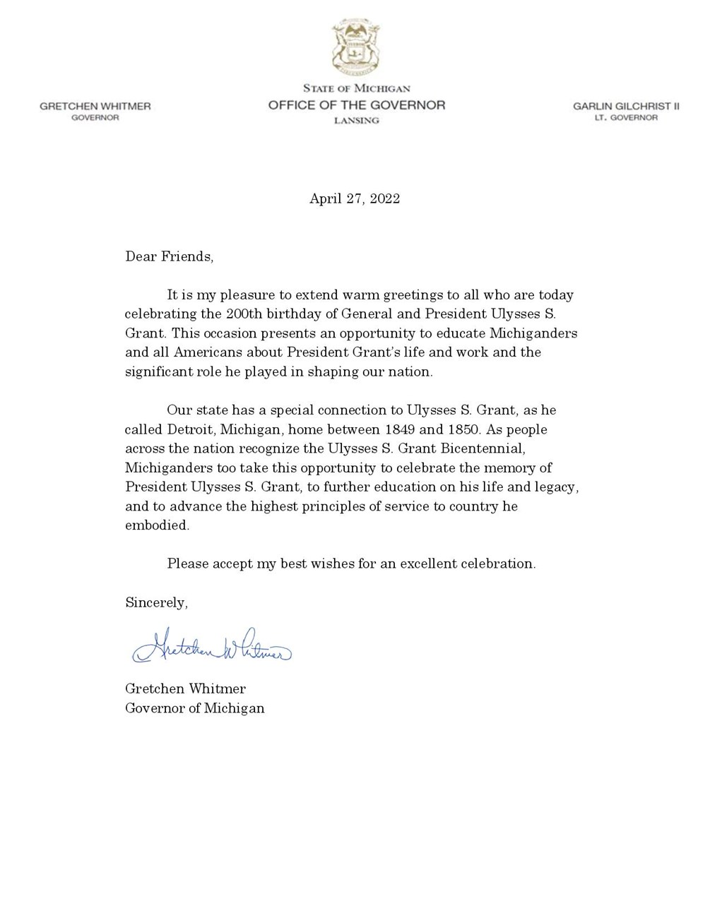 Message from Michigan Celebrating Grant's 200th