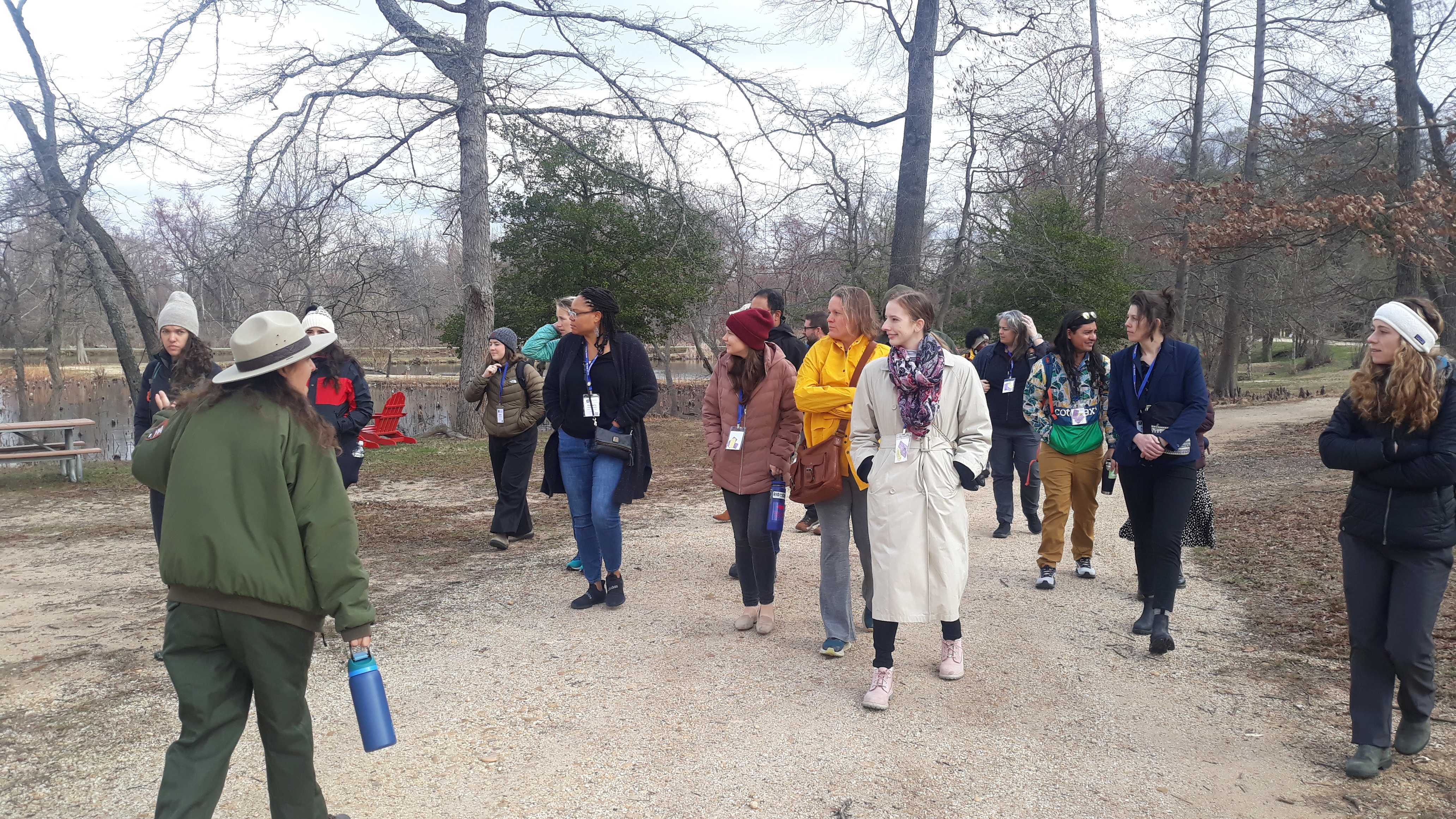 A group of individuals dressed for the spring walk on a tour of Kenilworth Park and Aquatic Gardens