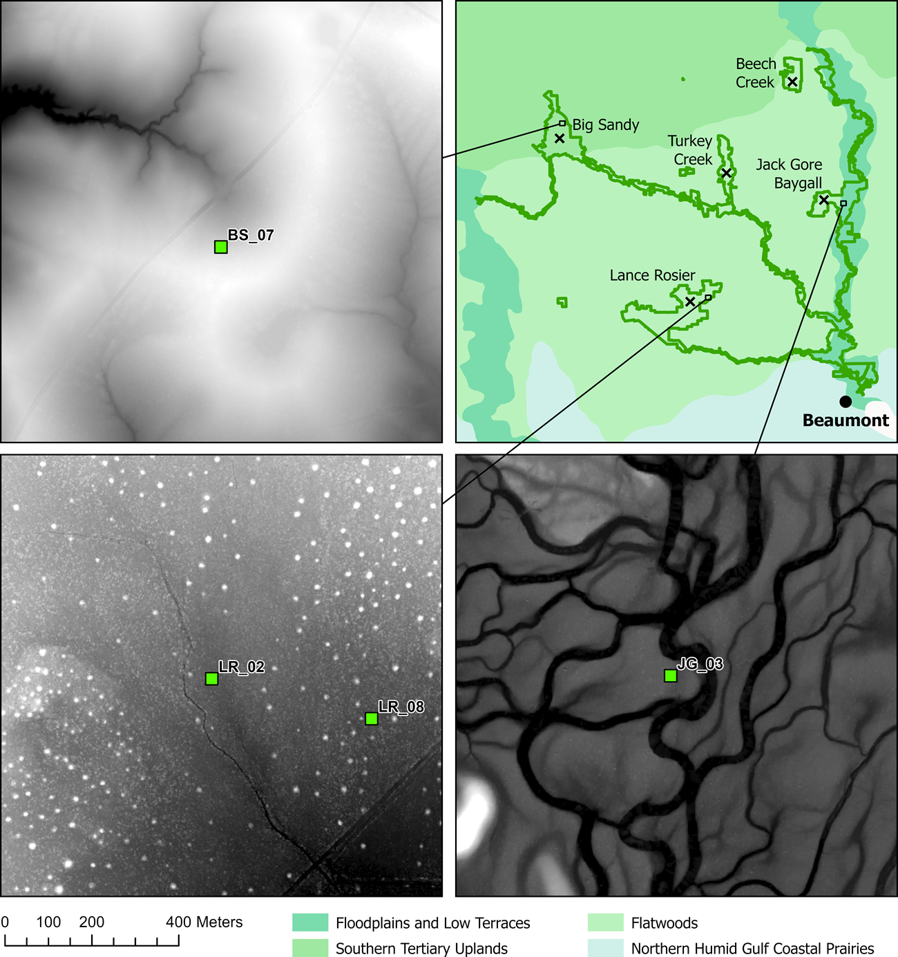 Landform diversity and elevation in Big Thicket National Preserve Maps of different areas of the Preserve, using elevation to show differences in landform