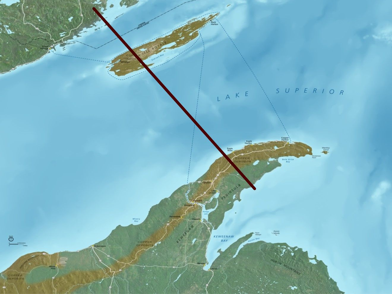 A relief map of the top half of the western Upper Peninsula and Isle Royale. A copper-colored band highlights where copper deposits could be found. A dark red line cuts across Canada, Isle Royale and the Keweenaw from northwest to southeast.