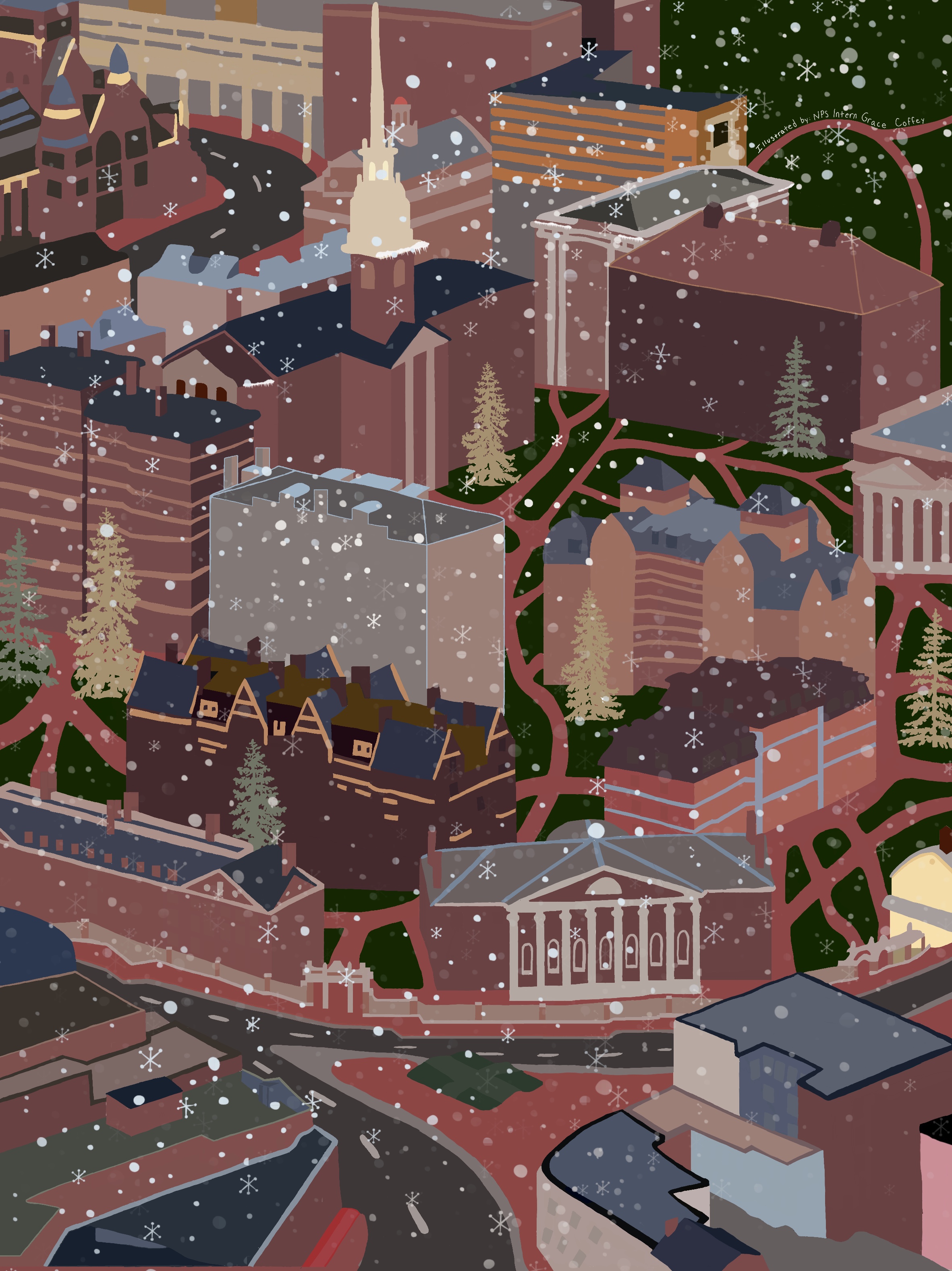 Illustration of Harvard Square building from above, with snowflakes falling