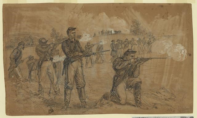 Union cavalrymen skirmish with Confederates during by Battle of Middleburg sketch
