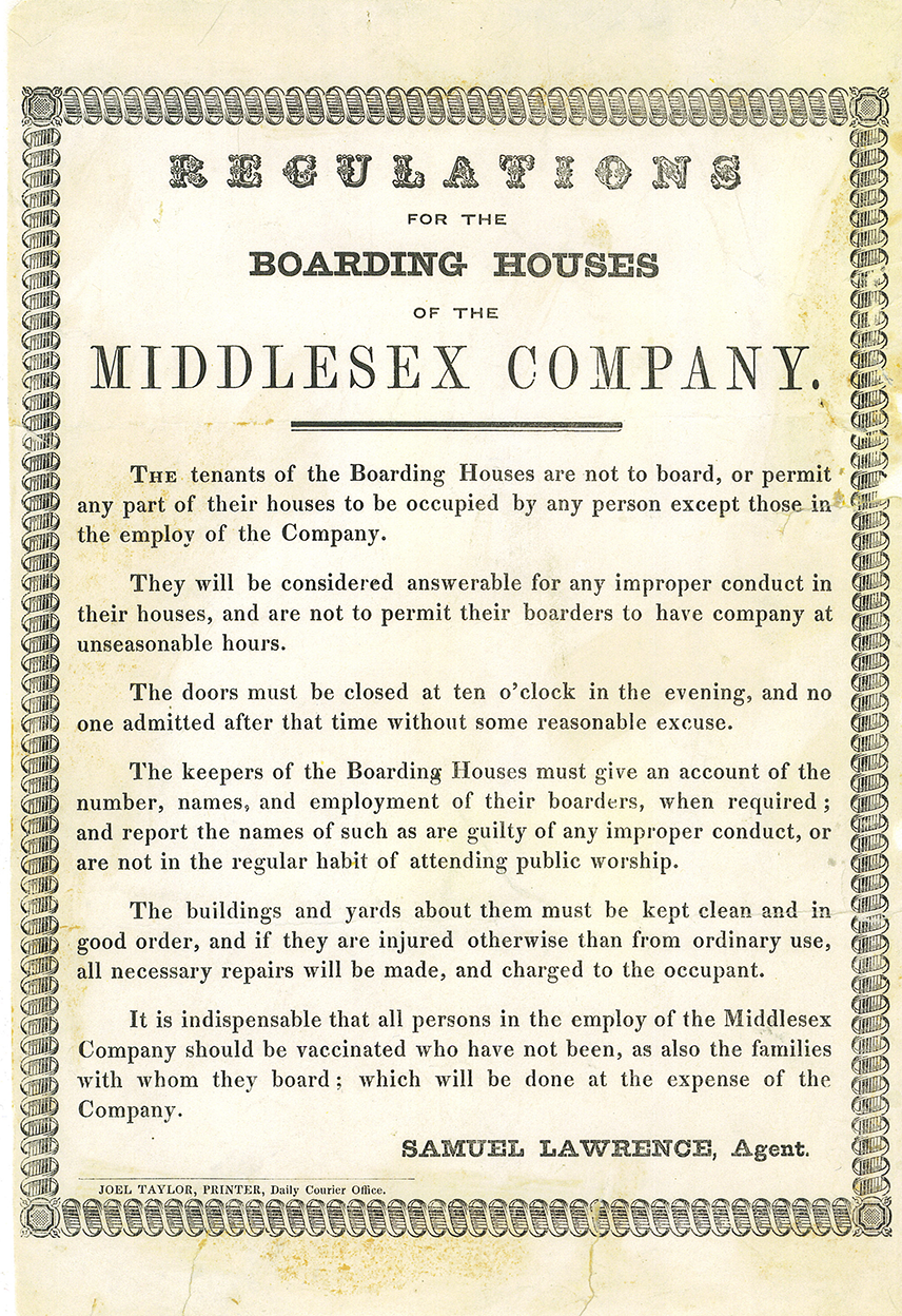 Middlesex Mills Boardinghouse Rules 1846 Middlesex Mills Boardinghouse Rules
