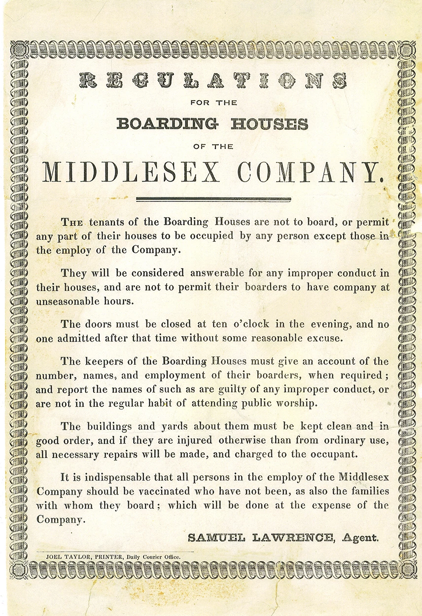 Middlesex Mills Boardinghouse Rules 1846 Middlesex Mills Boardinghouse Rules