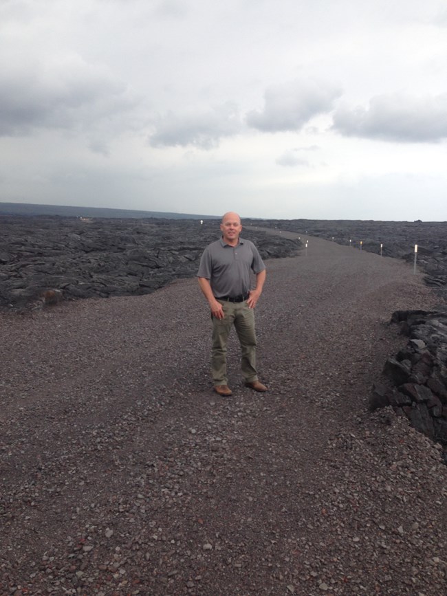 Mike onsite the Hawaii Volcanoes Emergency Evacuation Access project in Pahoa Town, Chain of Craters Road connection to SR130 (Kalapana Road).