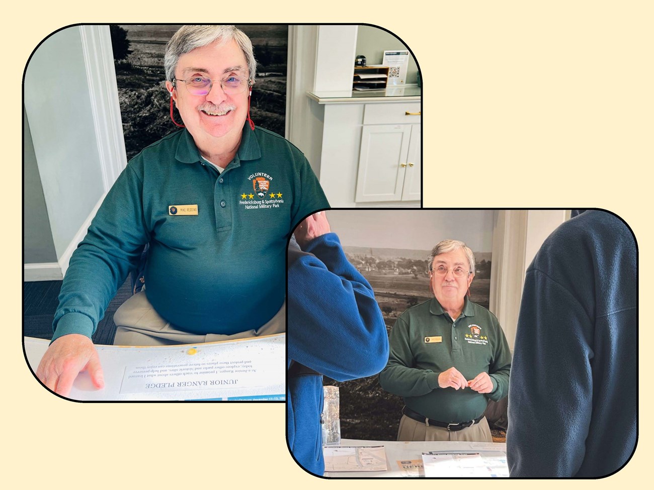 Mike Redding Two photos of a park volunteer behind a desk and talking to people.