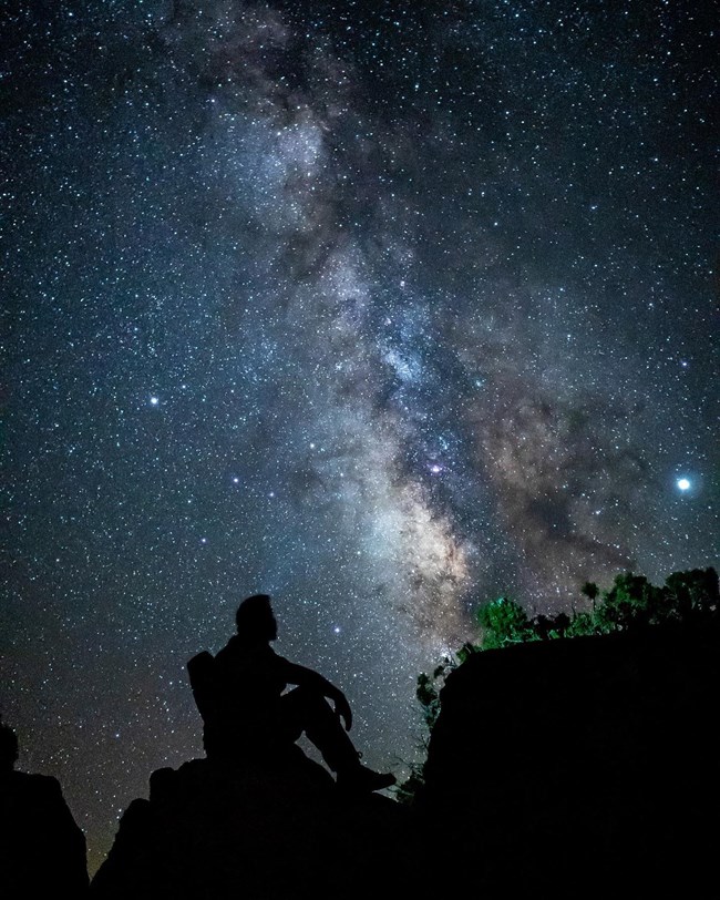 A silhouette of a man sitting sideways at night with the Milky Way visible.