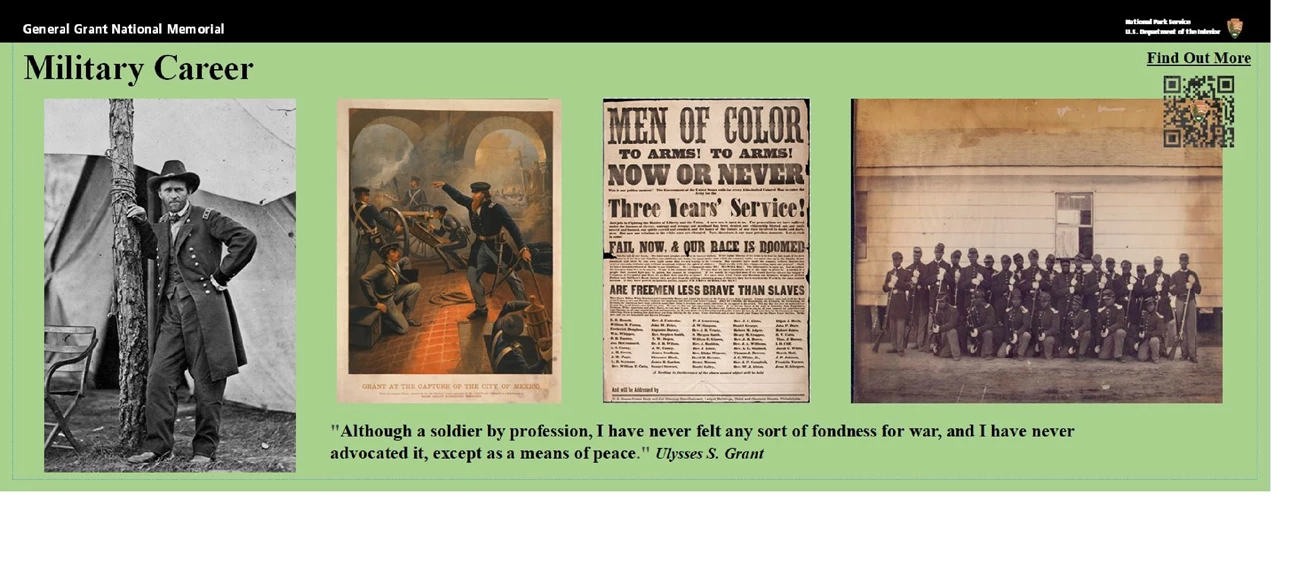 Military Career Image 4 images evenly spaced between eachother from left to right with a green background and black text quote above and title above images