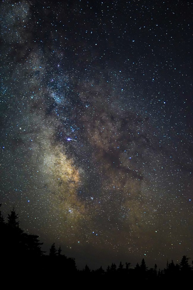 Milky Way photographed from Cadillac Mountain Milky Way seen over a forested area