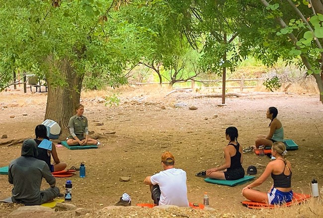 Mindfulness Pop Up_K. Pitts PS A park ranger leads a group of visitors in a seated mindfulness practice amidst some trees in the inner canyon. NPS Photo/K. Pitts