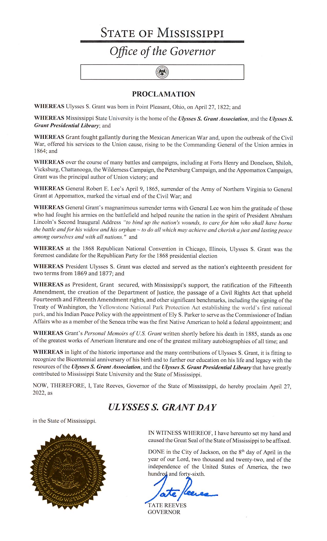 Message from Mississippi declaring April 27th 2022 Ulysses S Grant day in Mississippi. The seal of Mississippi is attached in the bottom left.