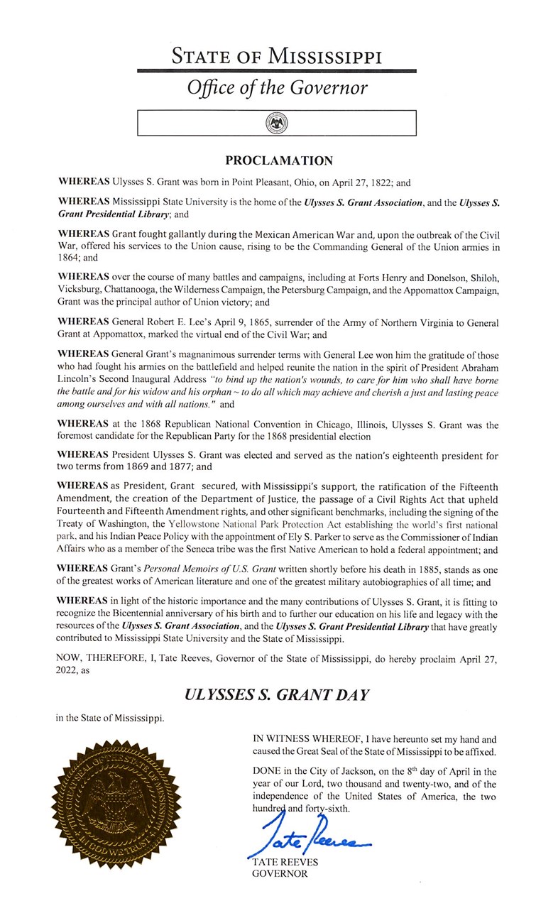 Message from Mississippi declaring April 27th 2022 Ulysses S Grant day in Mississippi. The seal of Mississippi is attached in the bottom left.