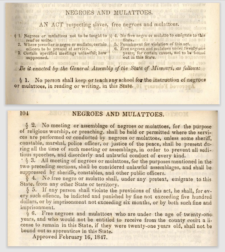 Text of an 1847 law banning the teaching of reading and writing for Black Missourians.