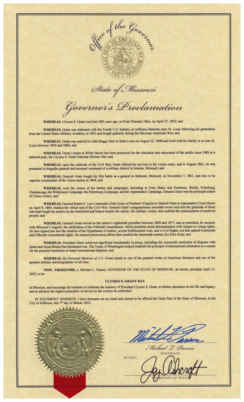 Proclamation from Missouri in honor of Grant's 200th birthday. State seal of Missouri is affixed in the lower left hand corner.