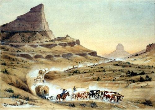 Scotts Bluff A watercolor painting depicts ox-drawn wagons passing through a gap between sandstone bluffs.