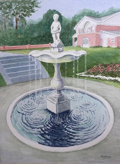 A watercolor painting of a fountain in a garden.
