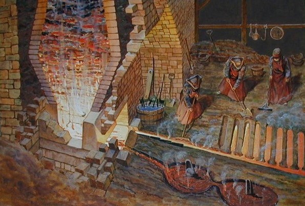 Painting set in the 18th century of three men working in a room with molten iron flows from a furnace stack at Hopewell Furnace.