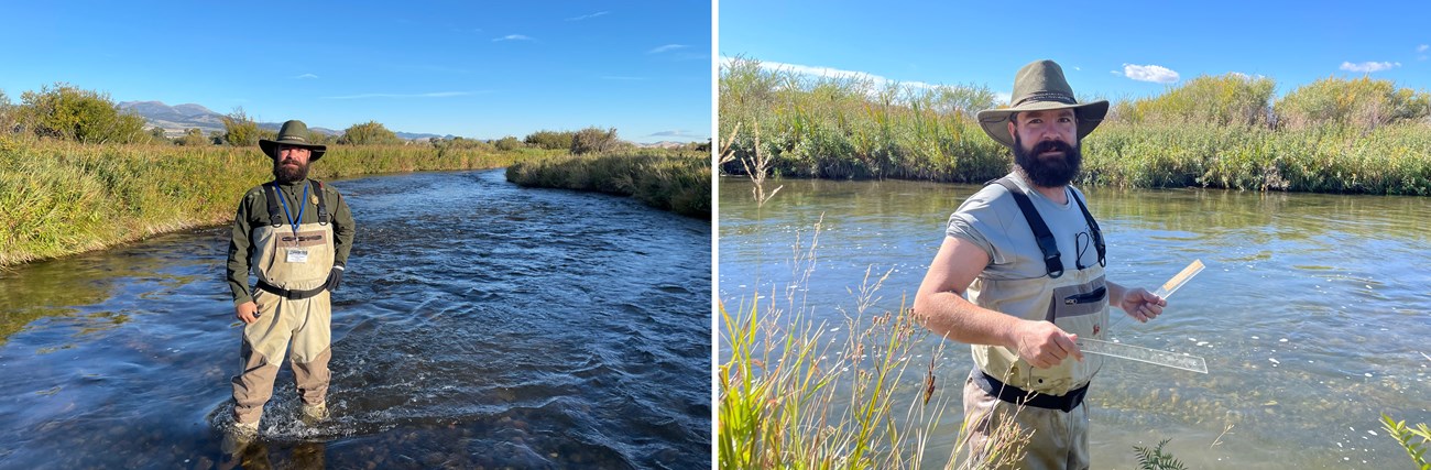 Man in waders and a cowboy hat staniding in two different streams with mountains in the background.