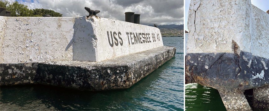 Concrete corrosion and peeling paint on F6N Photo of side of mooring quay showing peeling paint. On right, closeup of corner with concrete corrosion