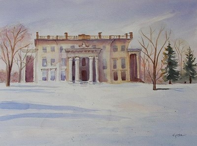 A watercolor painting of a mansion in the snow.