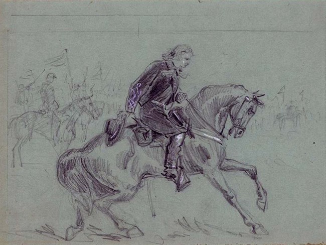 Pencil drawing depicting man in military uniform and boots on his horse, bowing with hat in hand as horse kneels. Light sketches of soldiers and horses indicate a crowd in background.