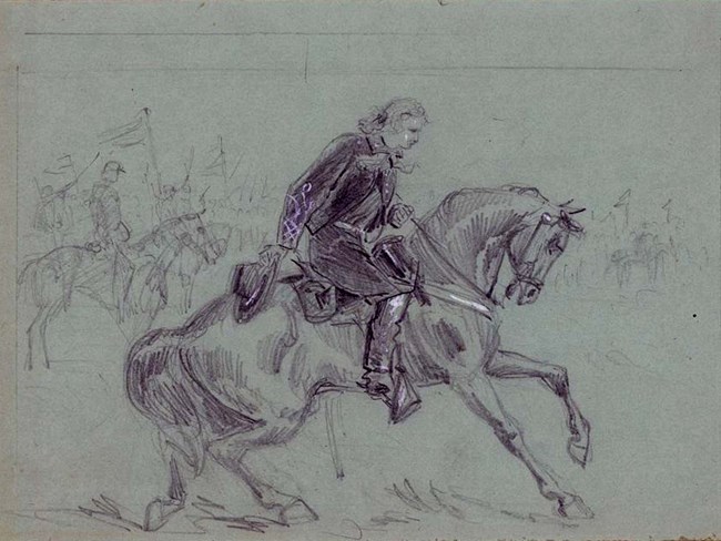 General Custer on his horse saluting Confederate General Ramseur at the Woodstock Races, by Alfred R. Waud. Pencil drawing depicting man in military uniform and boots on his horse, bowing with hat in hand as horse kneels. Light sketches of soldiers and horses indicate a crowd in background.