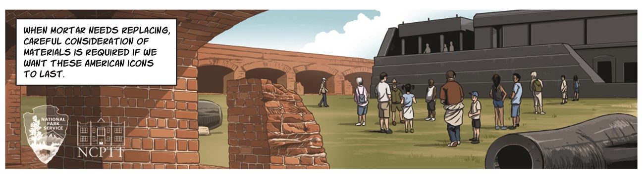 Fort grounds People standing in the middle of a lawn inside brick arches in the wall in the background.