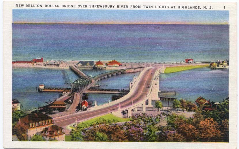 colorized postcard of the bridge over the Shrewsbury River
