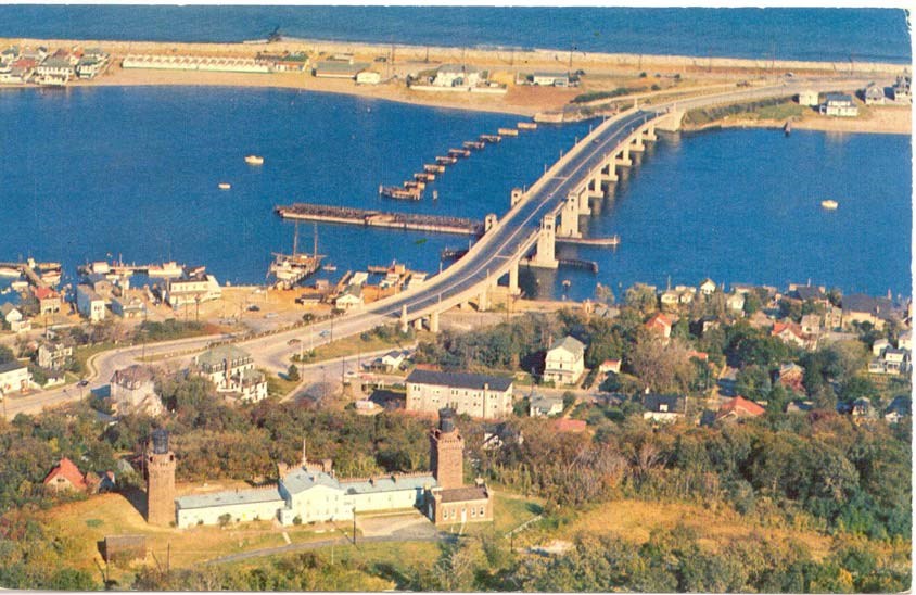 aerial view of the bridge connecting the twin lights to Sandy Hook