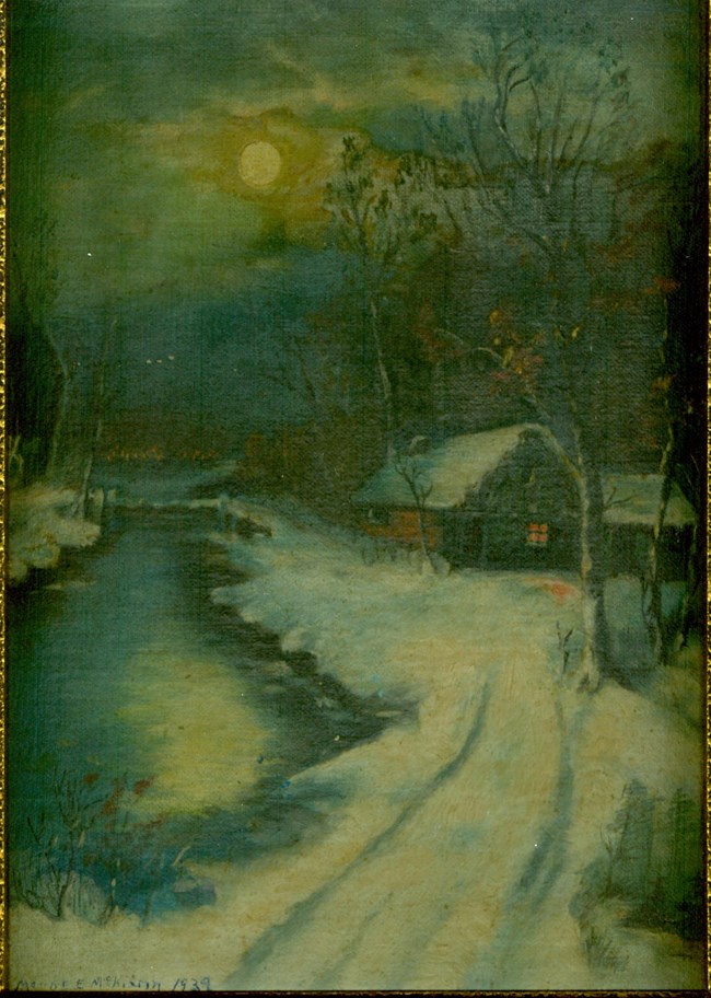 Painting of a snowy night scene: a moonlit wooden house beside a waterway, surrounded by trees.