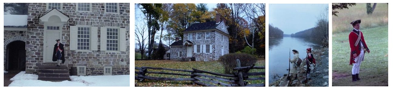 A collection of scenic shots around Valley Forge National Historical park. The first two of a stone hose, the third of historical reenactors at the rivers edge, and the last of a historical reenactor outside.