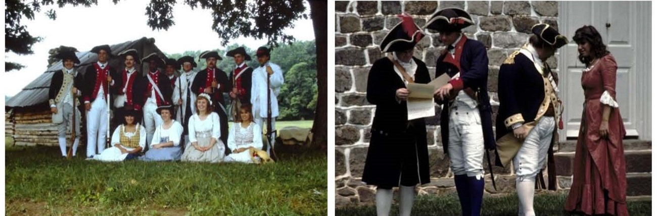 Two photos showing people dressed in rev war historic fasion.