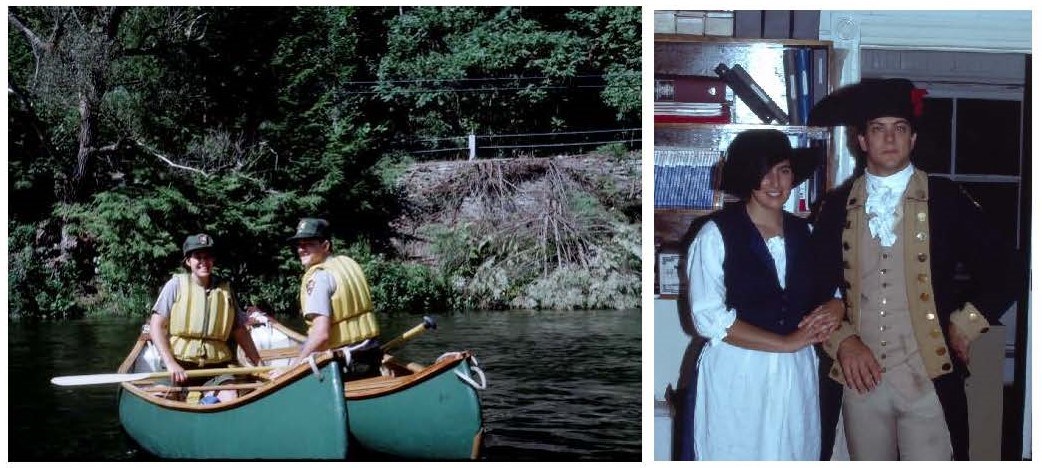 Two pictures; one featuring two park rangers in two seperate canoes, the other two historical reenactors arm and arm.