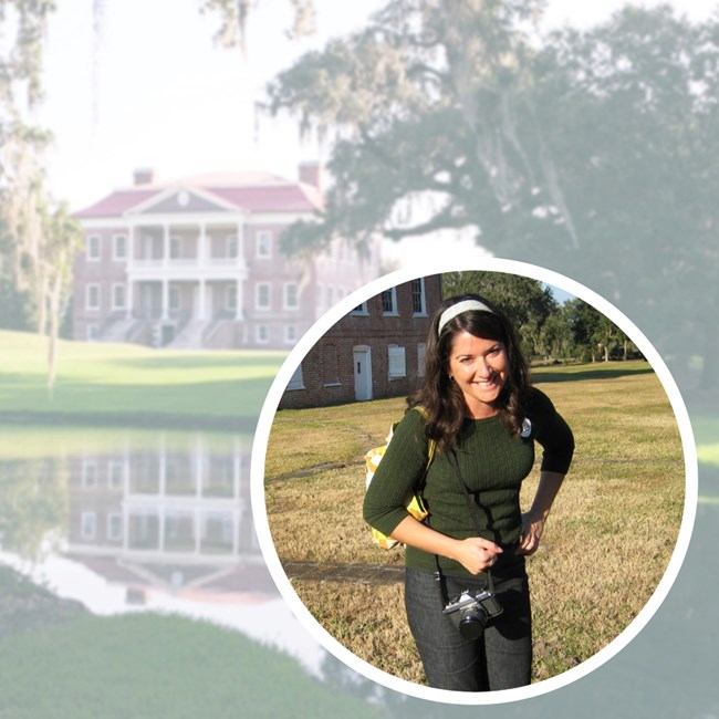 Photo of brunette woman in circular inset with photo of brick plantation in background